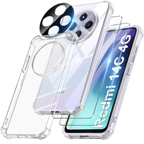 FLLAO 4 en 1 Funda para Xiaomi Redmi 14C con 2 Protector Pantalla y 1 Protector Lente Cámara, [Almohadilla de Aire integrada] Antigolpes Antiarañazos Antichoque Carcasa, Transparente