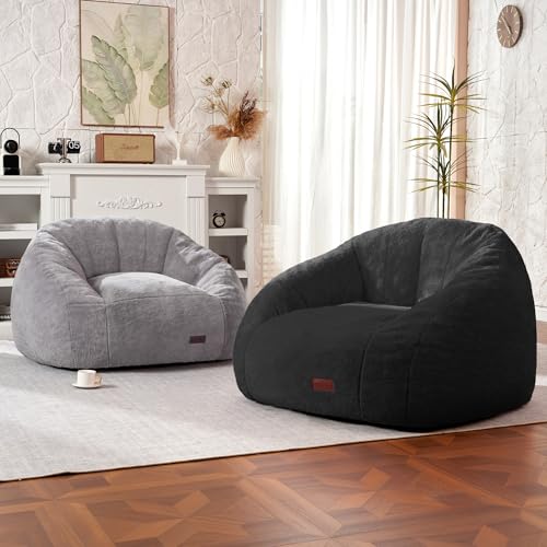 Image of HABUTWAY Bean Bag Chair, Giant Bean Bag Chairs for Adults with Ottoman, Comfy Faux Fur Shell-Shaped Bean Bag Couch, Sofa Chair for Living Room, Bedroom, Black