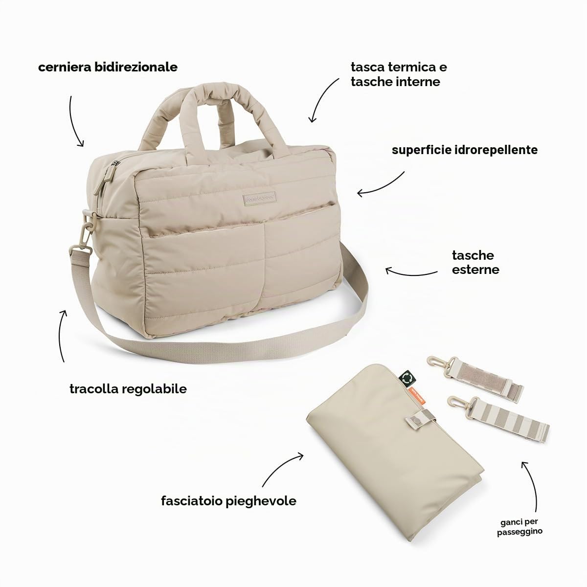 Done by Deer - Borsa per pannolini imbottita - 41 x 39 x 21 cm - Include fasciatoio - Cinghie per passeggino - Sabbia