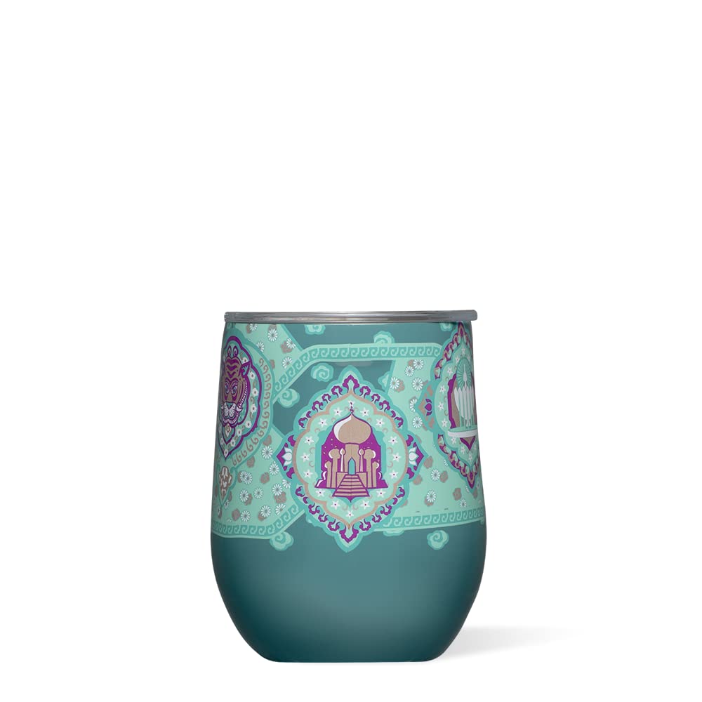 Corkcicle Disney Princess Jasmine Stemless Wine Glass Tumbler, Triple Insulated Stainless Steel Construction, Sliding Shatter-Proof Travel Lid, Keeps Beverages Chilled for 9 Hours, 12 oz