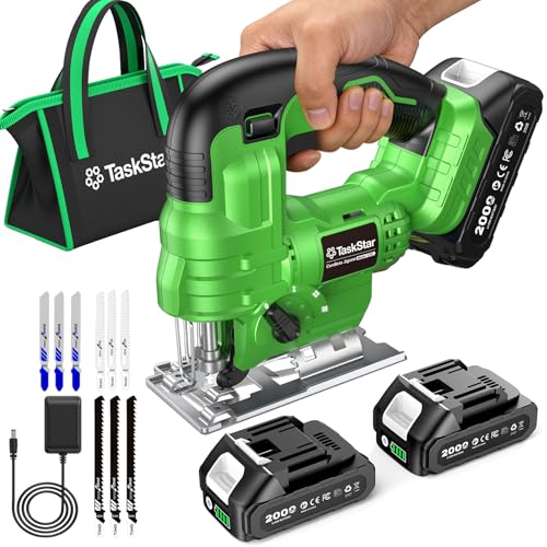TaskStar Jig Saw - Jigsaw Saw Cordless with Batteries and Charger, Battery Powered Jigsaw Tool wtih 9 Blades for Wood, Metal, PVC, ±45° Bevel Cutting, Orbital Actions, LED, Lock, Storage Bag
