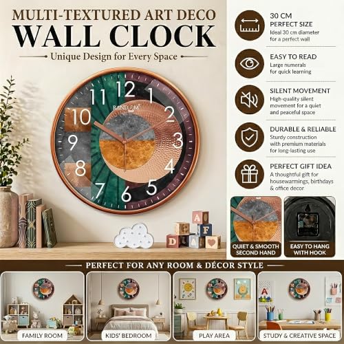 Image of RANDOM 12 Inch Silent Sweep Wall Clock | Stylish Round Decorative Wall Clock for Bedroom, Living Room, Kitchen, and Office | Modern Fancy Analog Clock Design for Home Decor (63653)