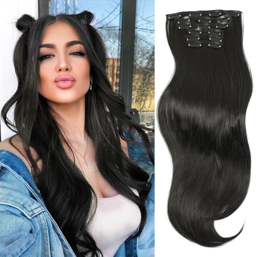 Ms Taj Hair Extensions clip in 22inch Natural Long Wavy Clip in Hair Extension Synthetic Thick Hair Extensions Clip in 6PCS Add Volume Hair Pieces for Women Dark Brown