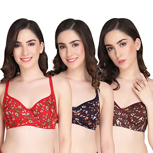 Image of Women Padded Printed Bra - Made of Pure Cotton Full Coverage Non Wired Seamless Pushup Soft Cup for T-Shirt Saree Dress Sports Garment for Daily Use Everyday Black