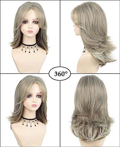 Renershow Layered Long Blonde Wavy Wigs For White Women Ash Blonde Wig With Curtain Bangs Medium Length Synthetic Wigs For Daily Party #TOP4