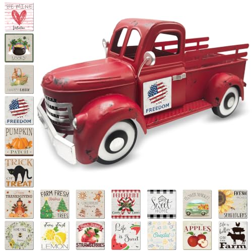Teeloray Patriotic Decor 13.4 Farmhouse Vintage Red Truck with 20 Magnets