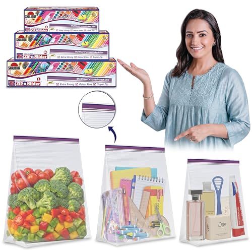 Image of Shalimar Zip 'N' Slider (Press Fit) Bags|Combo Pack (Small+Medium+Large)|Pack of 45 Bags|Ziplock /Vegetable /Fruit /Fridge /Multi-Purpose Storage Bag|Reusable & Reclosable with Double Lock|Color-Natural