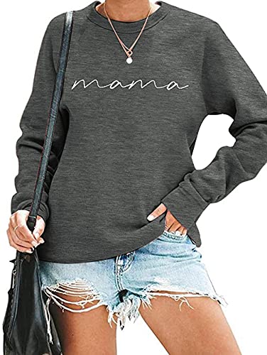 Image of Womens Crewneck Sweatshirt Mama Letter Print Long Sleeve Loose Fashion Pullover Top