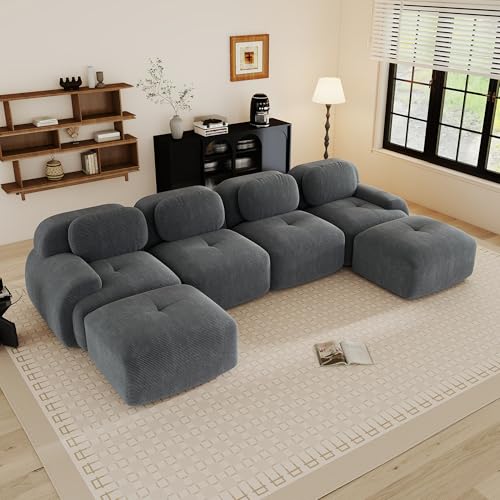 Yihomfy Canapé d'angle Modulaire Désossé, Velours côtelé Canapé 4 Places et 2 Pouf, Configuration Libre, Canapés en U de Salon, sans Montage (Gris, 4 Sièges + 2...