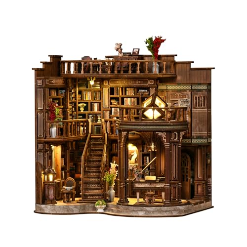 DIY Book Nook Kit with LED Light Miniature Dollhouse 3D Wooden Puzzle Bookshelf Insert Decor Craft Gift (Dreamy Book Hall)