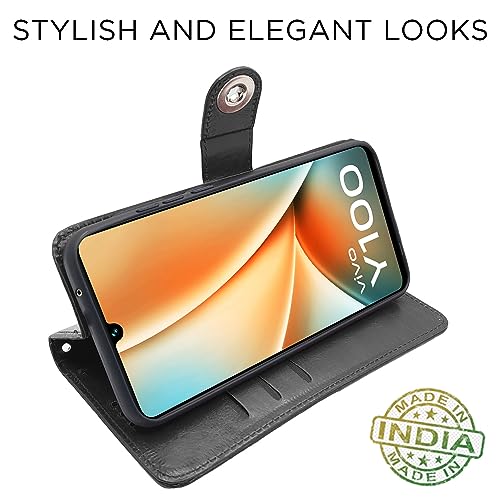 Image of Pikkme Vivo Y100 5G Flip Cover Leather Finish | Inside TPU with Card Pockets | Wallet Stand and Shock Proof | Complete Protection Button Flip Case (Black)