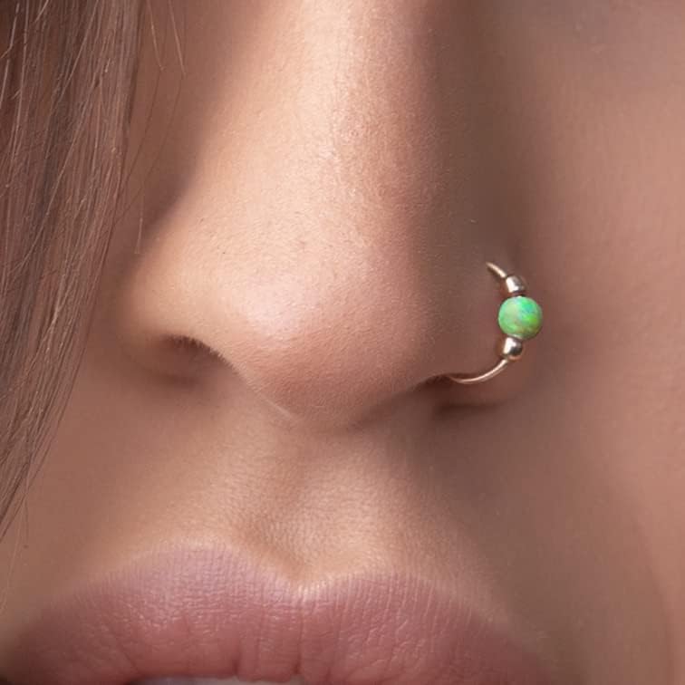 Jolliz Green Opal Gold Nose Ring Hoop - 14k Gold Filled Nose Piercing ring - 24g Gold Nose Hoop - Light Green 3mm Opal Nose Ring - Piercing Jewelry For Women - Image 2