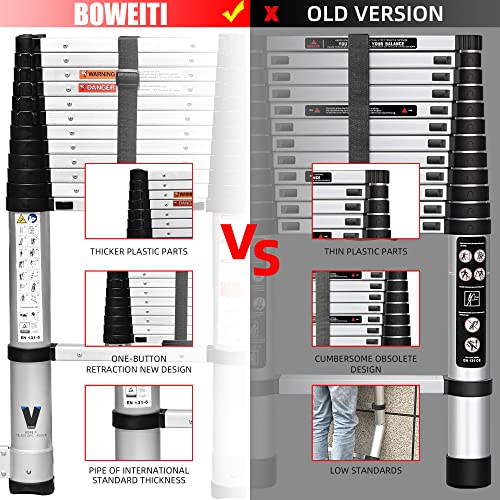 Telescoping Ladder 12.5Ft,Boweiti Extension Step Ladder One Button Retraction,Aluminum Collapsible Ladder Slow Down Design For Home Rv Loft,330 Lbs Max Capacity #TOP4