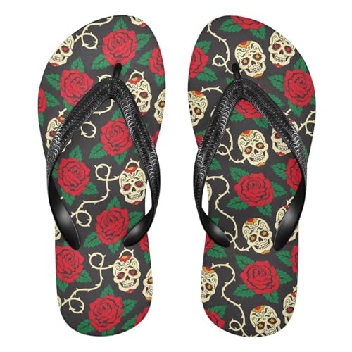 ALAZA Rose Flowers Sugar Skulls Flip Flops for Women Fashion Beach Slippers Comfort Mens Flip Flops Non-Slip Rubber Shower Slippers Sandal for Hotel Travel Sport,XS
