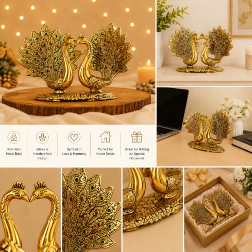 Image of Metal Kissing Peacock Couple Statue for Home Decor, Romantic Love Bird Showpiece for Living Room Bedroom Office Table, Decorative Figurine for Wedding Anniversary Housewarming Gift