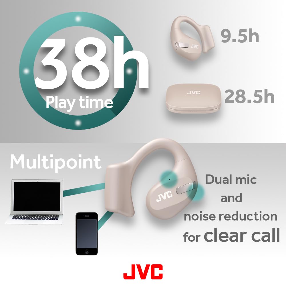 JVC NEarphones HA-NP50T-C, auricolari True Wireless, design a orecchio aperto, riduzione attiva del rumore, multi-punto, IPX4, muting microfono, 38 ore di autonomia, BT 5.3, beige sabbia