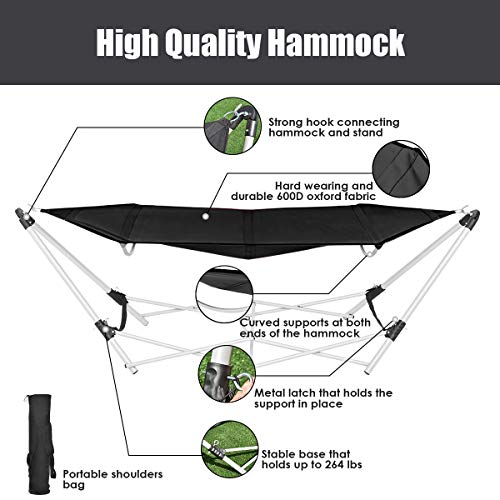 Giantex Portable Hammock With Stand-Folds, Lounge Camping Bed Folding With Carry Bag For Camping Outdoor Patio Yard Beach, 94.5" X 31.5" X 29"(Black) #TOP4