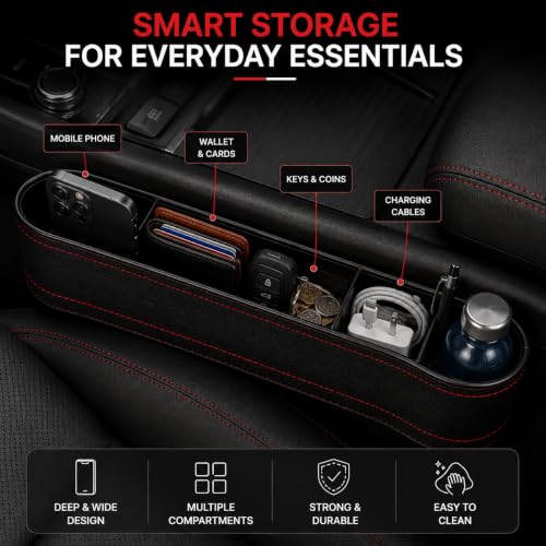Image of Car Seat Gap Filler Organizer, Car Seat Storage Box, Car Organiser and Storage Console Side Pocket for Phone, Wallet, Keys & Coins, Leather Finish Car Interior Organizer, Black