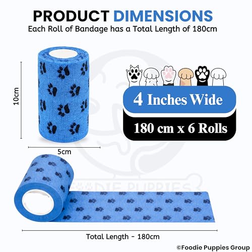 Image of Foodie Puppies 4-Inch Self-Adhesive Kinesiology Pet Bandages - (6 Rolls, Large, 1.8M Each) | Waterproof, Elastic, Breathable Wrap for Dogs, Cats, and Humans | Wound Care, First Aid, Injury Recovery