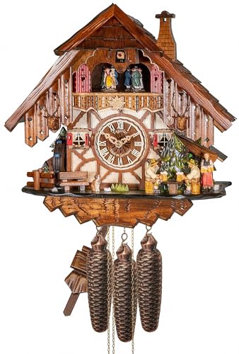 Engstler Cuckoo Clock Black Forest House with Moving Beer Drinker and Woman