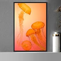 Framed Canvas Wall Art Jellyfish Bedroom Colorful Jellyfish Marine Life Multicolor Neon Photography Tropical - 16x24 inches