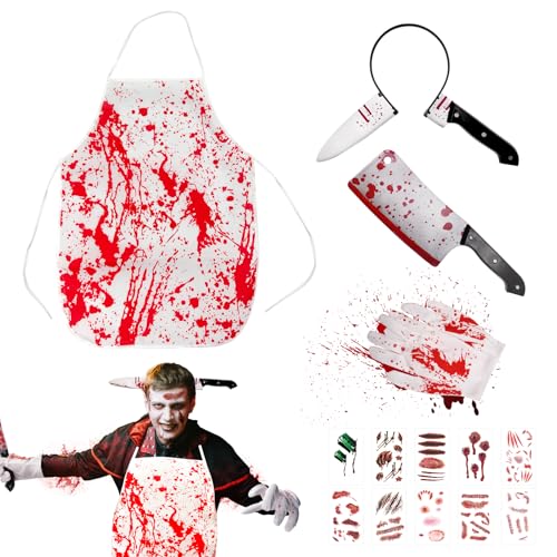 JJKOL Deguisement Halloween Homme et femme, Boucher Costume Tablier Halloween Deguisement Adulte Accessoire, avec Tablier Ensanglanté, gants, coiffe, couteau et 10 Autocollants Cicatrices