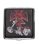 Ideal zum Aufbewahren Ihrer Zigaretten: Sportlich elegantes Zigarettenetui zum Aufklappen im Retro Vintage Design mit Motorrad und Kreuz