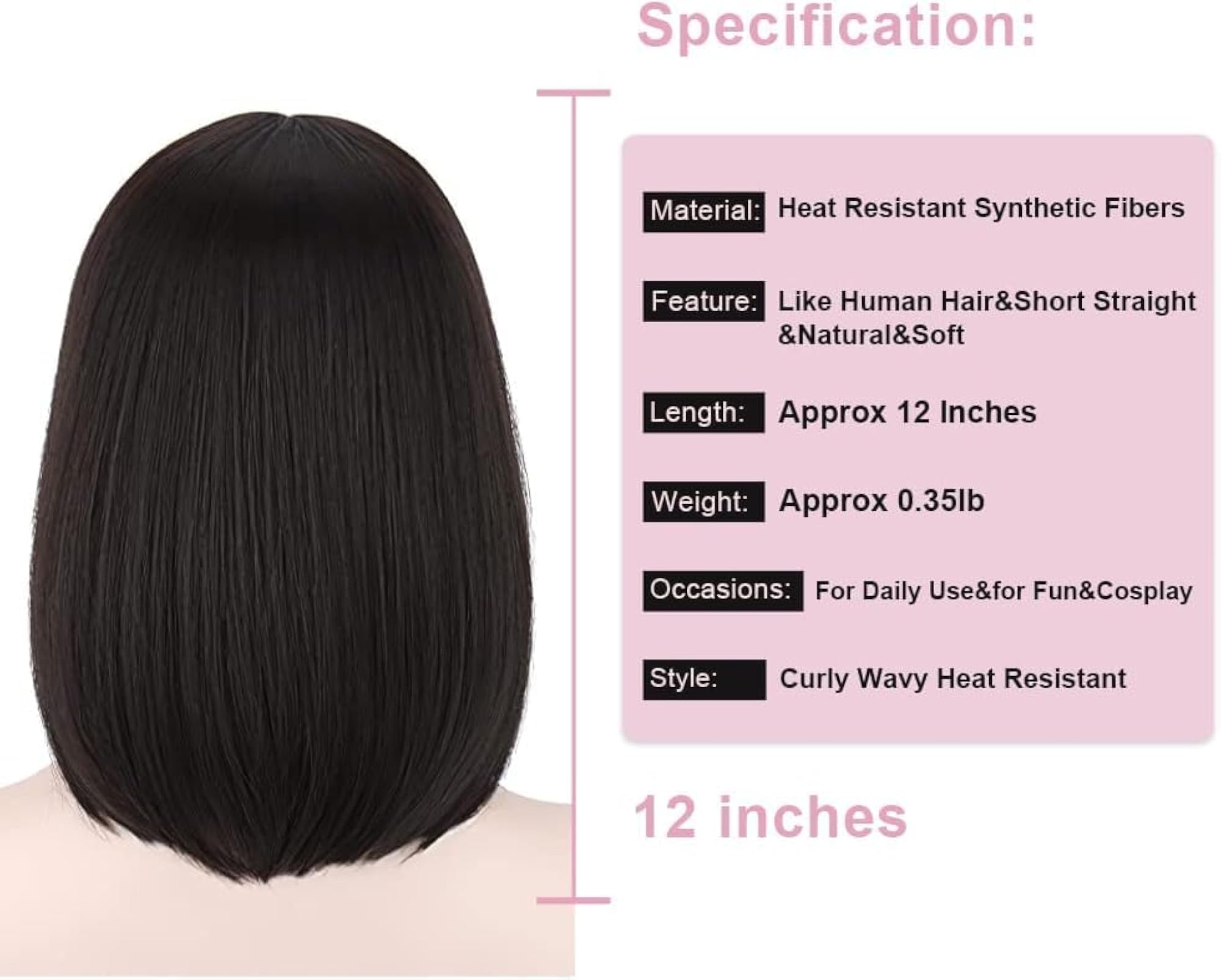Women's Black Short Bob Cut Wig with Bangs