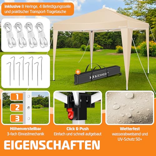 KESSER® Pavillon Faltpavillon 3x3m | Pop-Up Gartenpavillon Höhenverstellbar Stabil Wasserdicht Winterfest | Partyzelt Festzelt UV-Schutz 50+ inkl. Tasche mit Rollen & Bodenanker | Beige