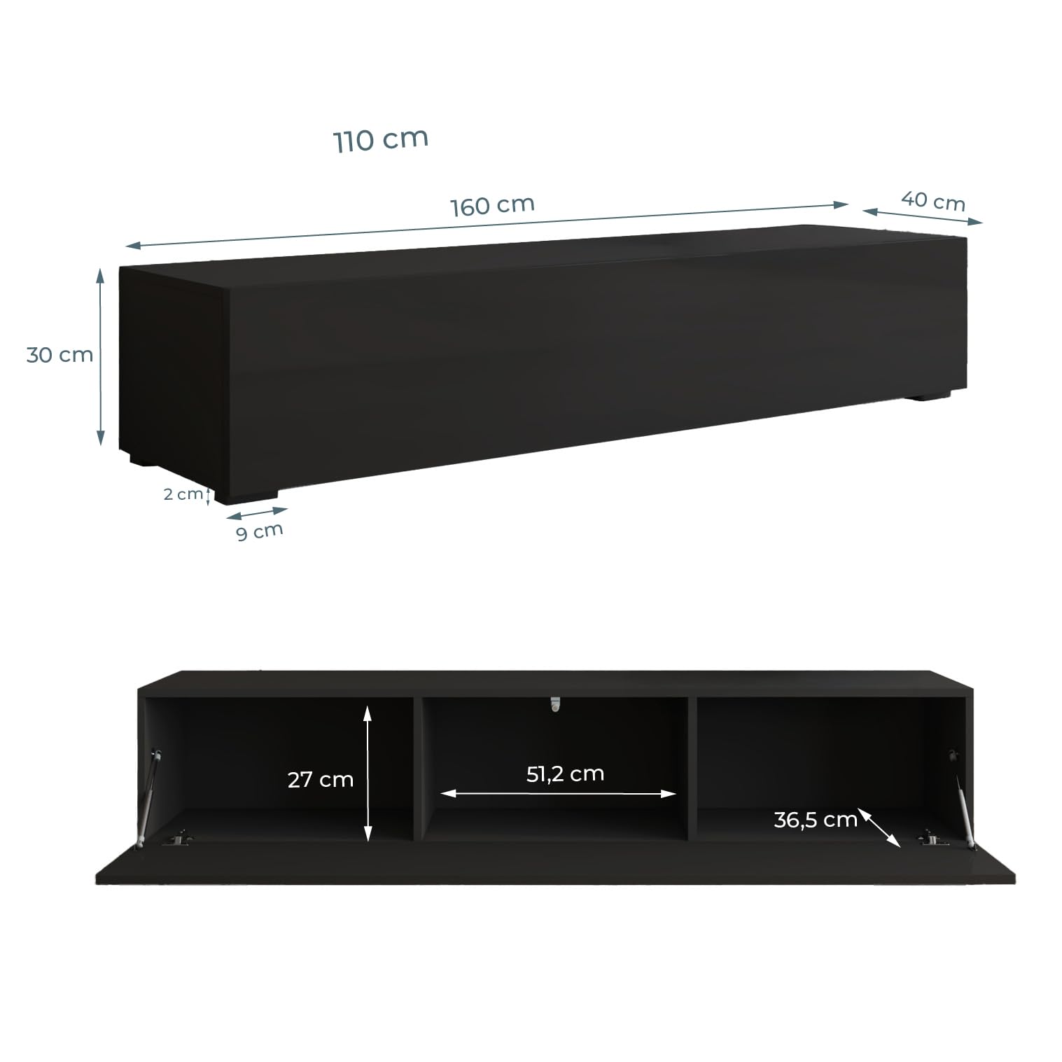 MB Muebles Bonitos, Mobile TV con piedini Nora H2, Soggiorno Moderno, Nero, 160x40x32cm