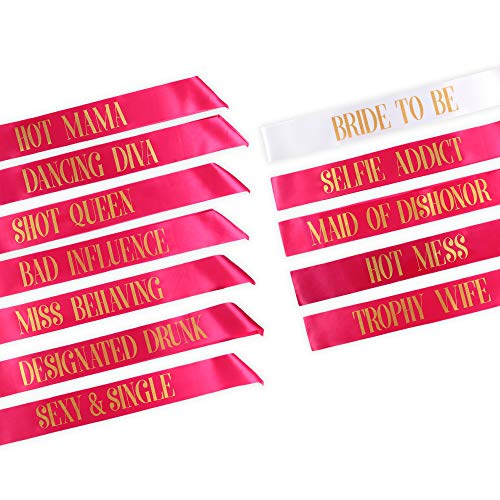 Pop Fizz Designs Bachelorette Sash Set (12 Pcs) 1 White Bride To Be Sash + 1 Maid Of Honor Sash + 10 Bachelorette Sashes For The Bride Tribe - Amazing Bachelorette Party Favors #TOP1