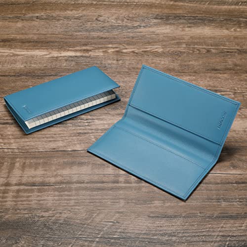 Image of HISCOW Slim Leather Checkbook Cover for Personal Checks, Premium Aqua Blue, One Size, Minimalist | Full grain cowhide, transaction register & check book pockets, removable duplicate divider, durable stitching, gifts for men