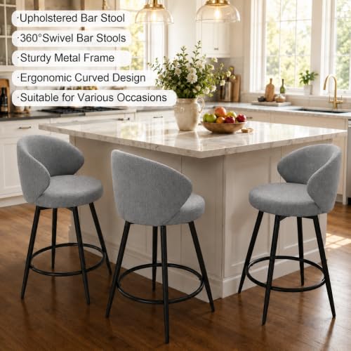 Image of 360 Swivel Modern Bar Stool Set of 3, 26 inch Upholstered Counter Height Bar Stools with Wingback, Soft Linen Fabric, Counter Chairs with Arm for Kitchen Island or Home Bar, Grey