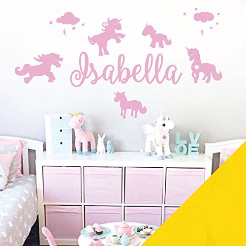 Unicorns, Stars & Clouds - Personalised Name Girls Wall Art Sticker [Large] [Medium Yellow]