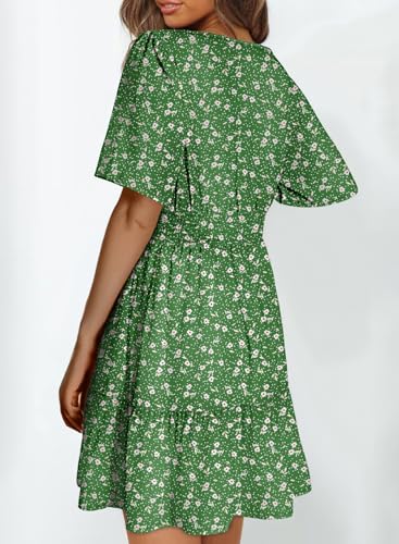 Image of Dokotoo Womens Summer Dresses 2026 Boho Floral Short Sleeve V Neck Smocked Waist Casual A-Line Swing Mini Dress Sundress