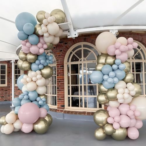 Image of Gender Reveal Balloon Arch Kit, 100 PCS Dusty Pink Blue Balloons, Metallic Gold Sand White Balloons for Boy or Girl Gender Reveal Boho Birthday Wedding Baby Shower Bridal Bear Theme Party Decorations