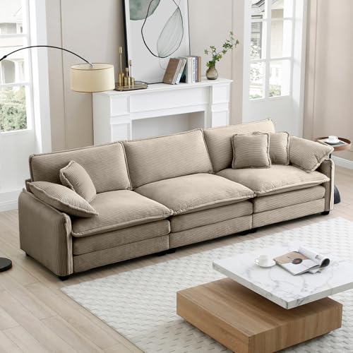 Mid-Century Modern 3-Seater Sectional Sofa with 2 Arm Pillows and 3 Throw Tan Corduroy Plush Fabric Living Room, Bedroom Elegant Home D cor