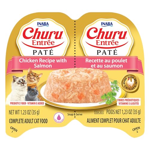 Image of INABA Churu Entree Pate for Cats, Grain-Free, High Protein & Moisture, Prebiotic Wet Cat Food, 1.23oz. per Serving, 12 Servings, Chicken Recipe with Salmon (Pack of 2)
