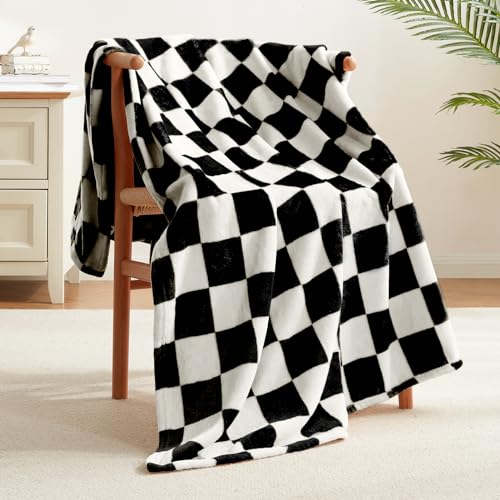 Image of satisomnia Checkered Throw Blanket, Soft Fleece Black Throw Blankets for Couch Sofa Bed, Fluffy Warm Cozy Plaid Blanket for Women Mom 50x60 inch