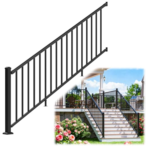 Egadis 36 in. H x 8 ft. W Aluminum Stair Railing Kit, Railings for Outdoor Steps, Black Textured AAMA 2604 Powder-Coat Finish Modular Rail System for Concrete Steps or Wooden Stairs(1 Post, 1 Panel)