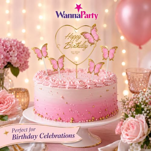 Image of Wanna Party Happy Birthday Cake Topper with Pink Butterflies, 5 Pcs Butterfly Cake Decoration Set for Birthday Cake, Cupcake, Dessert Table, Party Decor & Celebration Supplies