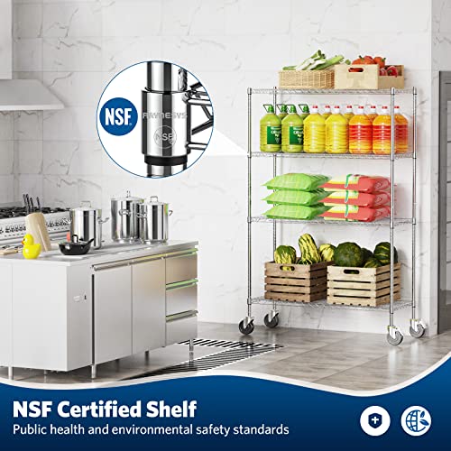 Raynesys Wire Shelving With 4" Wheels, 2400Lbs Heavy Duty 4-Tier Shelving Metal Shelves, 48X18X72In Steel Wire Storage Shelf Commercial Grade Adjustable Utility Rack For Garage, Kitchen, Chrome #TOP1