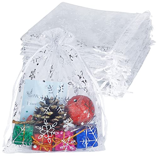 HRX Package Sacchetti di organza medi, 100 sacchetti di organza bianchi con fiocco di neve, 13 x 18 cm, per matrimoni, bomboniere, gioielli, sacchetto regalo a rete