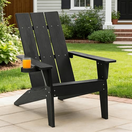 Adirondack Stuhl mit Getränkehalter für Outdoor Garten: Modern Adirondack Chair Kunststoff HIPS Wetterfest - Übergröße Adirondack Relaxsessel Outdoor Stuhl für Balkon/Feuerstelle/Terrasse(Schwarz)