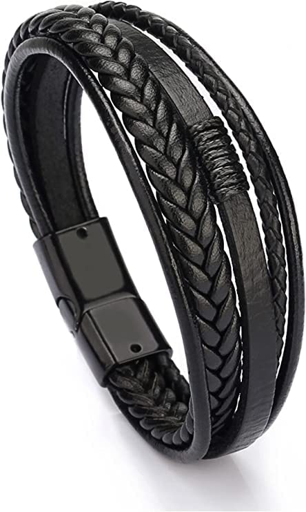 Genuine Leather Bracelets for Men Women Teens | New 5 Bands Multi-Layer Woven Braided Black Bracelet with Magnetic Buckle Clasp