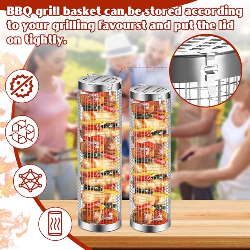 Grill Baskets for Outdoor Grill- 2 PCS, Rolling Grilling Basket, Stainless Steel BBQ Grill Mesh Grilling Accessories for Fish, Shrimp, Meat, Veggies, Fries, Grilling Gift for Men Dad Husband - Thumbnail 2