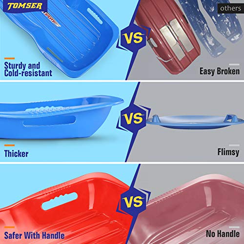 tomser Snow Sled 2 Pack, Large Toboggan Snow Sled for Adults and Kids Durable Saucer Sleds for Snow Winter Snow Sledding for Outdoor Grass Dune Game Plastic Sled Red and Blue