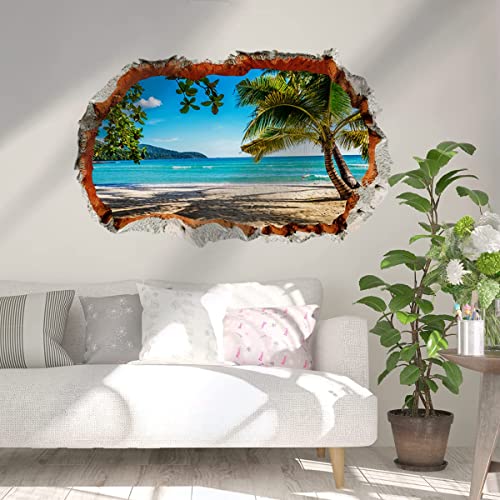 WandSticker4U®- 3D Wandtattoo BLICK AUFS MEER I Wandbild: 90x60 cm I Wandsticker Strand Palme Insel Poster I Wand Durchbruch Deko für Wohnzimmer Schlafzimmer Küche Flur Bad Aufkleber
