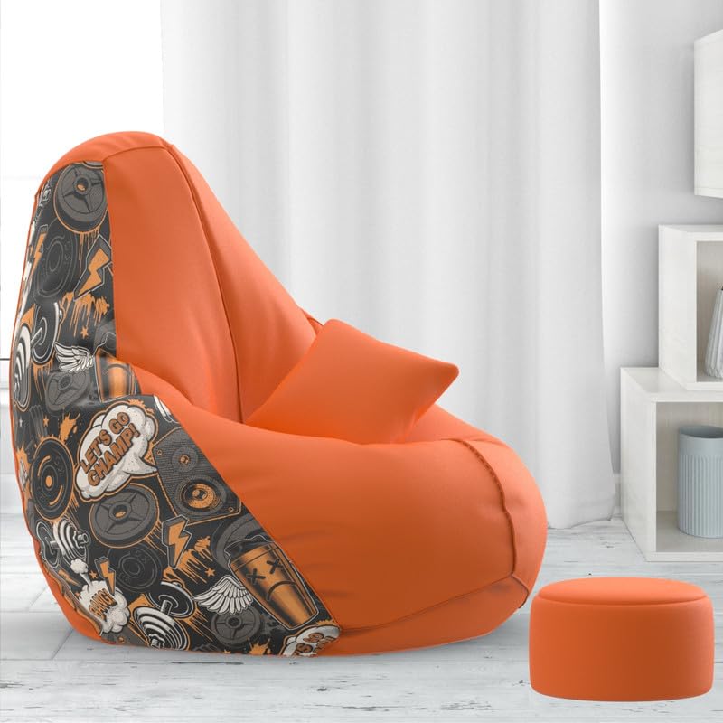Biggie Bean Bag Chair Cover 5XL Evergreen Classics Bean Bag-Loud Prints-Soft Landings-Styled with Free Cushion & Footrest (Matching Color : Printed Lets go Champ - H - Orange Black)-image-29