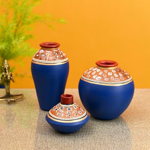 Image of Aakriti Art Creations Exotic Warli Vases Set of 3 in Blue | Handmade Terracotta Flower Vases | Matte Finish Warli Art Decorative Vases for Living Room, Table Decor & Gifting